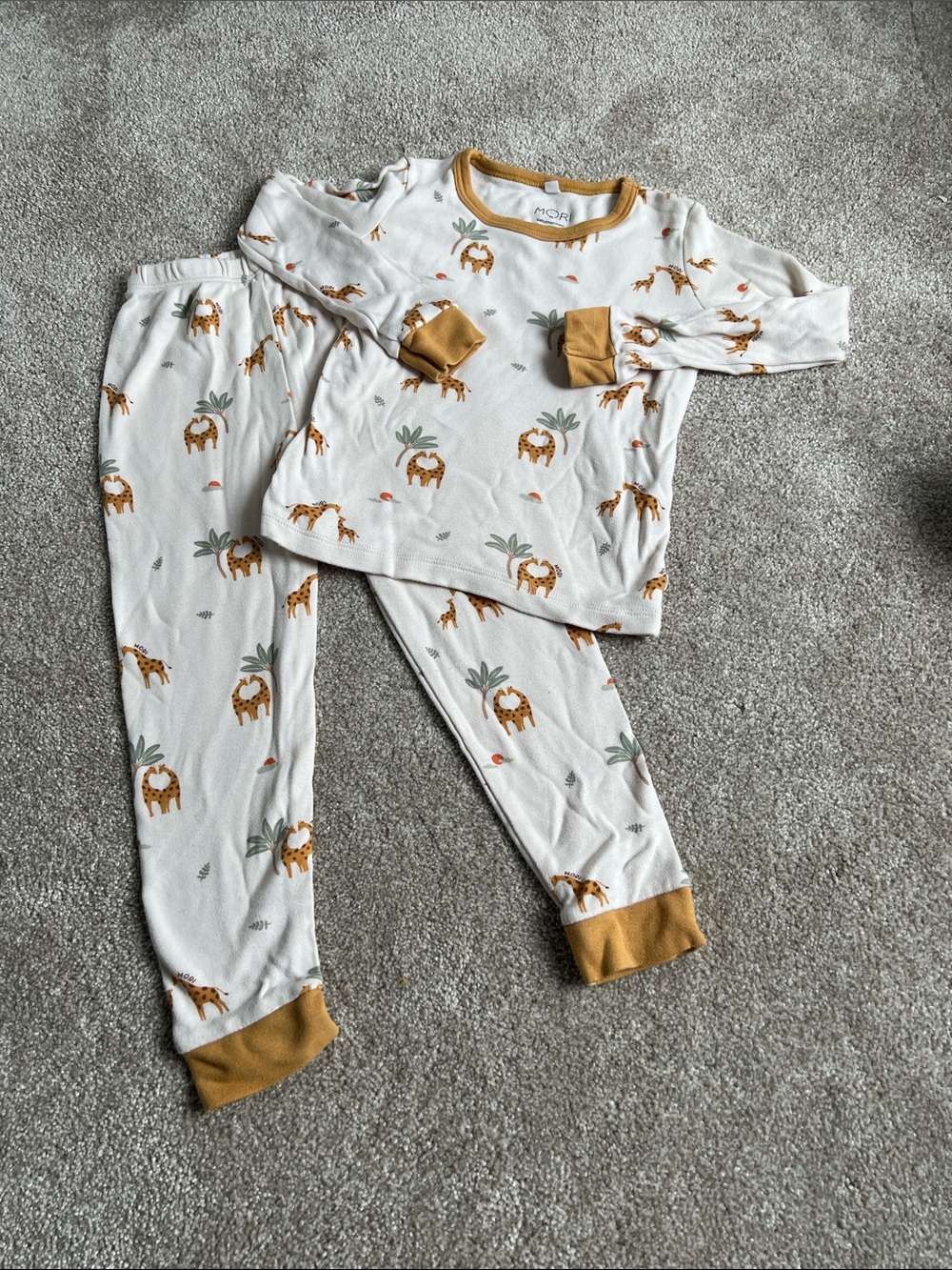 Cozy Giraffe Print Kids Pajama Set in Cream with Mustard Trim